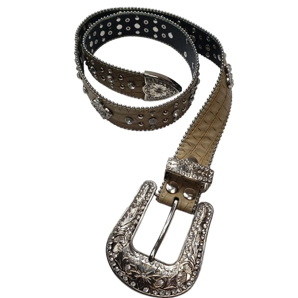Genuine Leather Bling Western Belt Snakeskin Rhinestones Size Small Fleur-de-lis